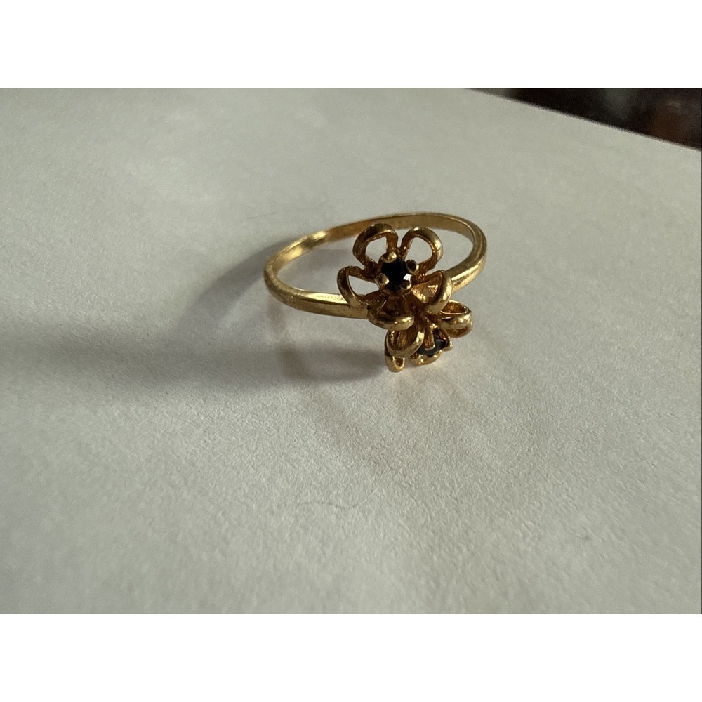 Vintage 14KT GE Gold Tone Floral Ring Blue Stone Dainty Flower Retro Size 6